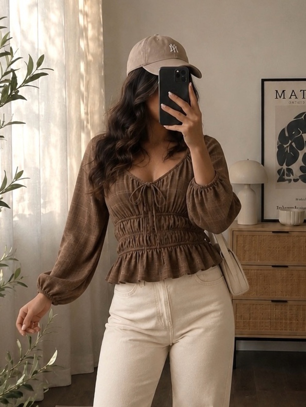 Dizzy Lizzy NWT Brown Plaid Peasant Top L, Cottagecore Milkmaid Blouse